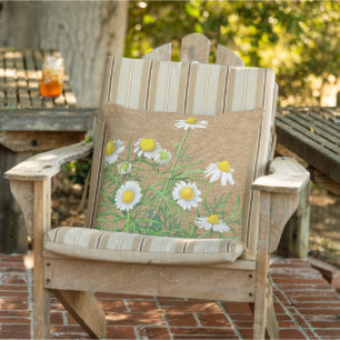 Cute Fun Vintage Chamomile Floral Faux Jute Burlap Outdoor Pillow
