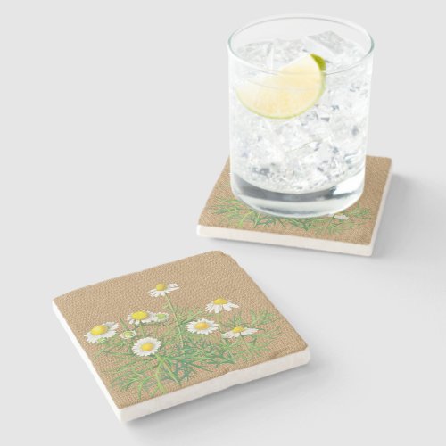 Cute Fun Vintage Chamomile Floral Faux Jute Burlap Stone Coaster