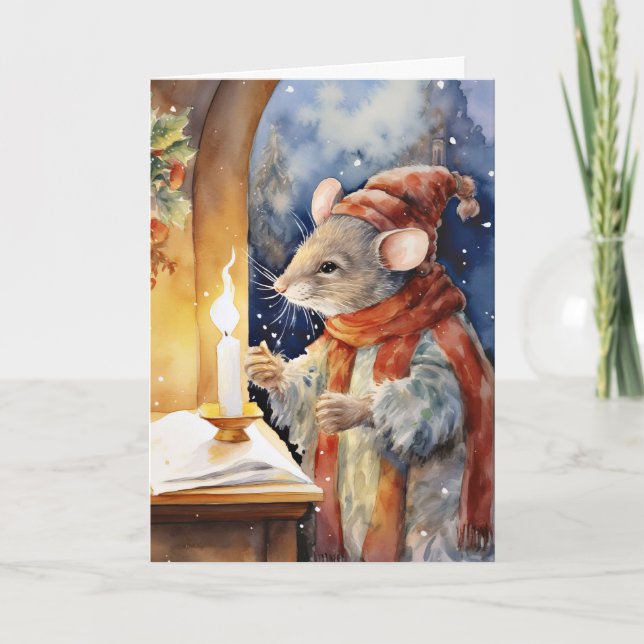 Cute Fun Watercolor Christmas Mouse  Holiday Card (Front)