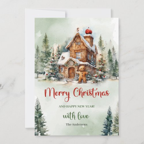 Cute fun watercolor gingerbread house in forest holiday card