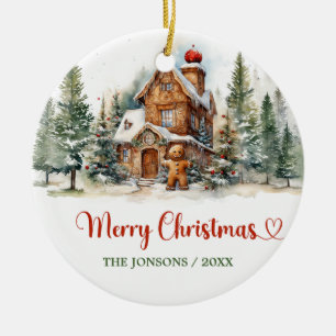 Cute fun watercolor gingerbread winter forest ceramic ornament