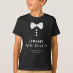 Cute Fun Wedding Ring Bearer White Bow Tie Tuxedo T-Shirt<br><div class="desc">These fun t-shirts are designed as favors or gifts for wedding ring bearers. The t-shirt is black and features an image of a white bow tie and three buttons. The text reads Ring Bearer, and has a place to enter his name as well as the wedding couple's name and wedding...</div>
