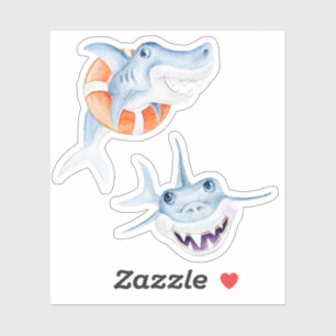 Cute fun whimsical baby sharks watercolor art sticker
