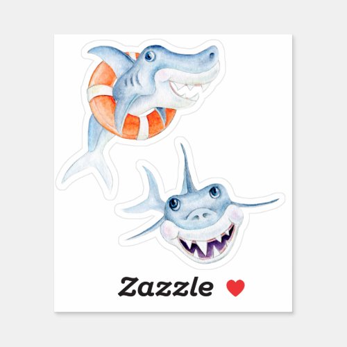 Cute fun whimsical baby sharks watercolor art sticker