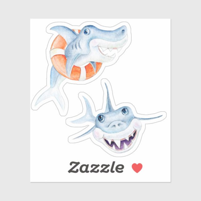 Cute fun whimsical baby sharks watercolor art sticker (Sheet)