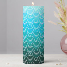 Cute Fun Whimsical Blue White Wave Line Pattern Pillar Candle