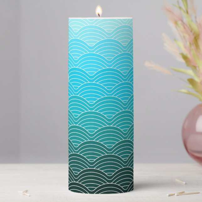 Cute Fun Whimsical Blue White Wave Line Pattern Pillar Candle (In Situ)