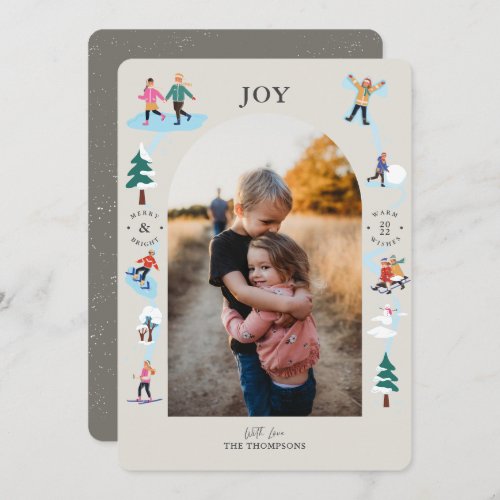 Cute Fun Winter Activities Taupe Photo Holiday Card