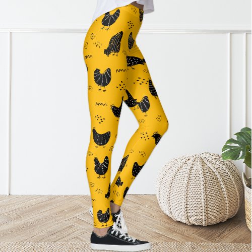 Cute Fun Yellow Black Chicken Leggings