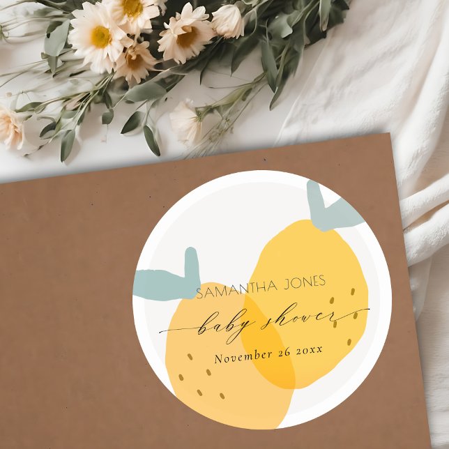 Cute Fun Yellow Lemon Fruity Citrus Baby Shower Classic Round Sticker (Creator Uploaded)