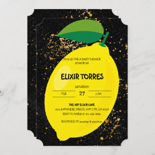 Cute Fun Yellow Lemon Gold Glitters Baby Shower Invitation