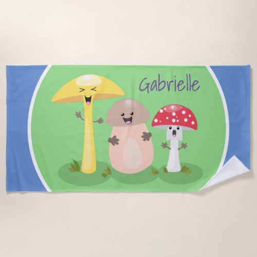 Cute fungi mushrooms and toadstools cartoon beach towel