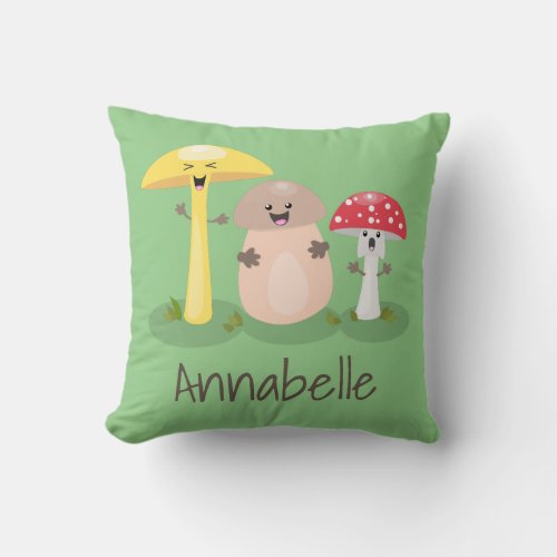 Cute fungi mushrooms and toadstools cartoon throw pillow