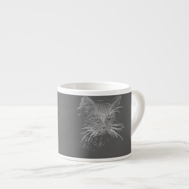 Cute Funky Black Cat Kitten Eyes Sketch Espresso Cup (Front Right)