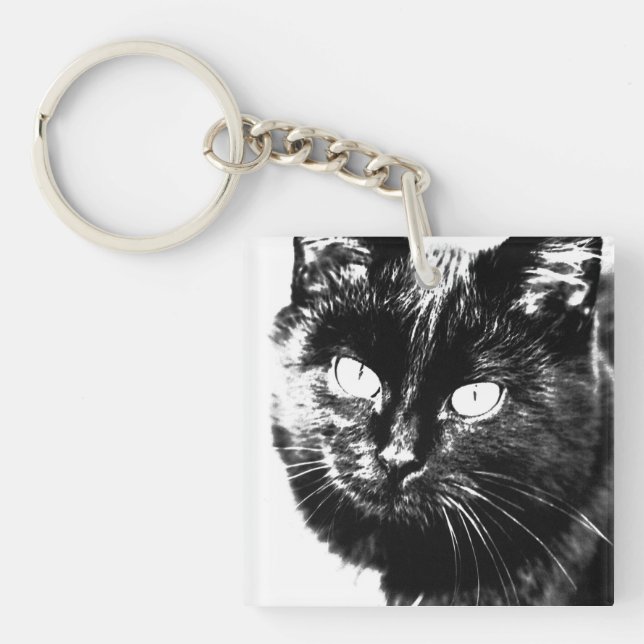 Cute Funky Black Cat Kitten Eyes Sketch Keychain (Front)