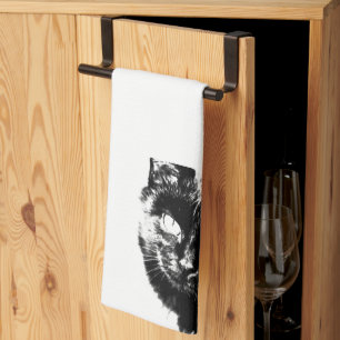 Cute Funky Black Cat Kitten Eyes Sketch Kitchen Towel