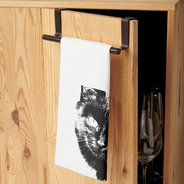 Cute Funky Black Cat Kitten Eyes Sketch Kitchen Towel (Thirds Fold)