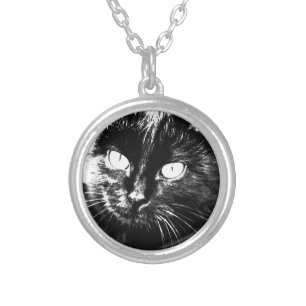 Cute Funky Black Cat Kitten Eyes Sketch Silver Plated Necklace