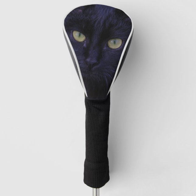 Cute Funky Black Cat Kitten Yellow Eyes Golf Head Cover (Front)