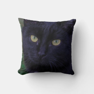 Cute Funky Black Cat Kitten Yellow Eyes Throw Pillow