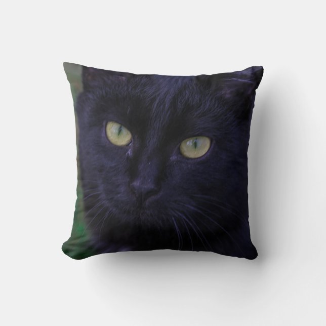 Cute Funky Black Cat Kitten Yellow Eyes Throw Pillow (Front)