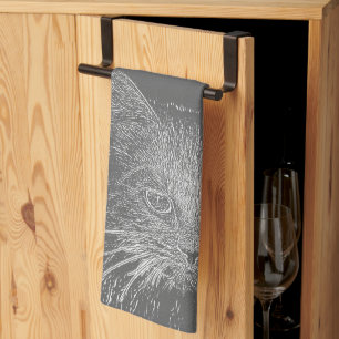 Cute Funky Cat Kitten Eyes Face Sketch Kitchen Towel