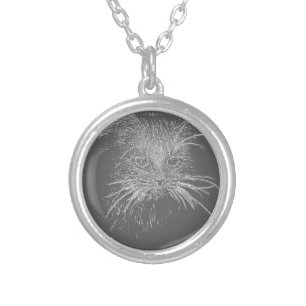 Cute Funky Cat Kitten Eyes Face Sketch Silver Plated Necklace