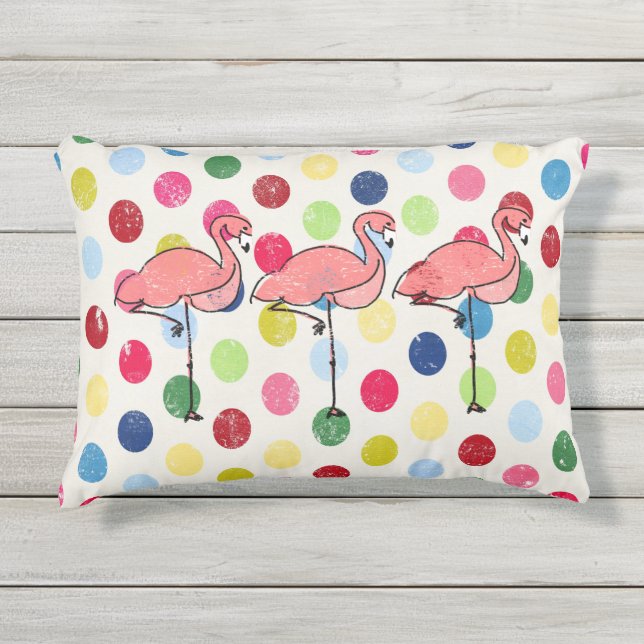 Cute Funky Flamingos Colorful Polka Dots Outdoor Pillow (Front)