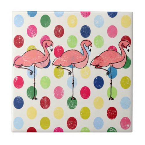 Cute Funky Flamingos Colorful Polka Dots Tile