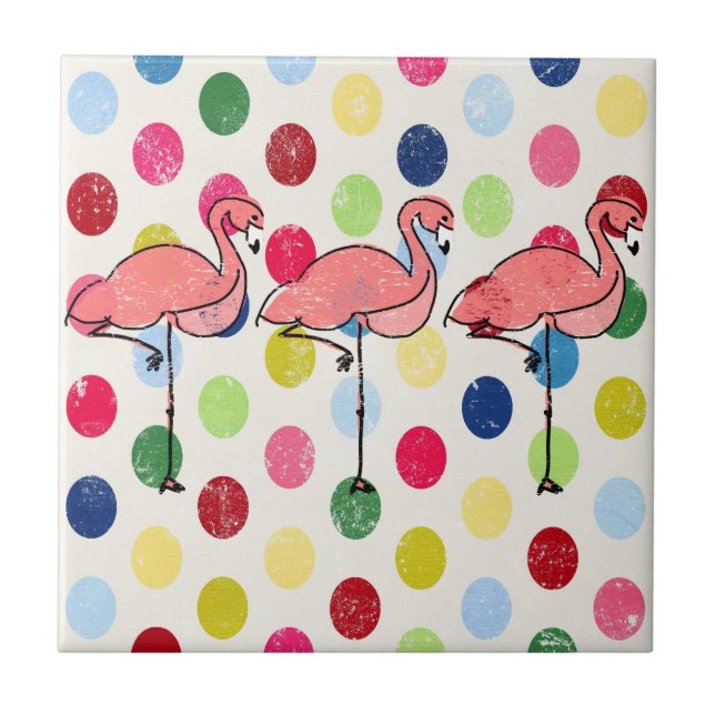 Cute Funky Flamingos Colorful Polka Dots Tile (Front)