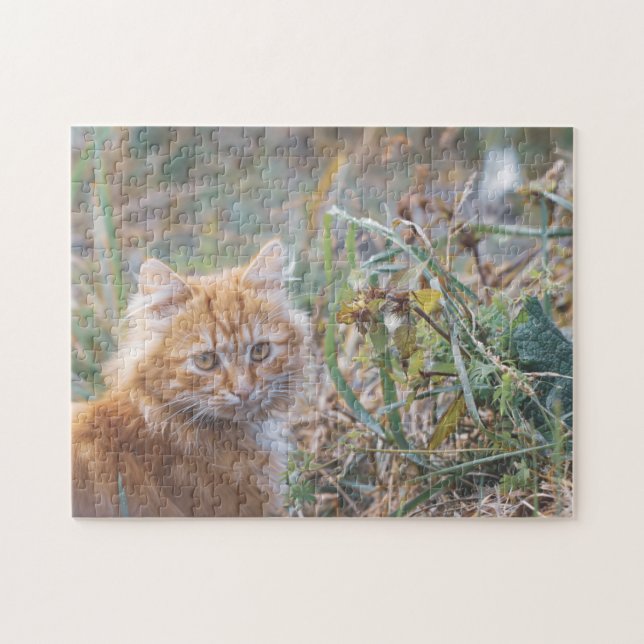 Cute Funky Ginger Cat Kitten Face Grass Jigsaw Puzzle (Horizontal)
