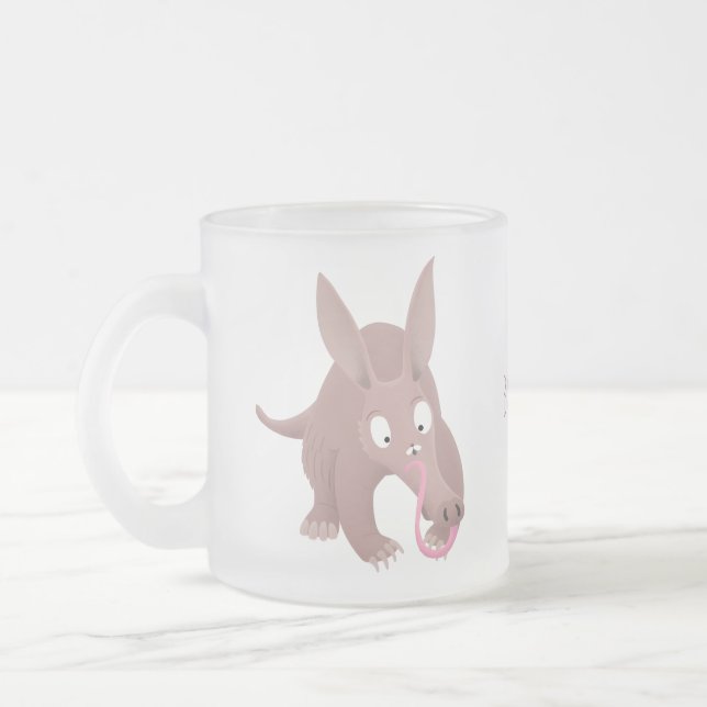 Cute funny aardvark cartoon frosted glass coffee mug (Left)