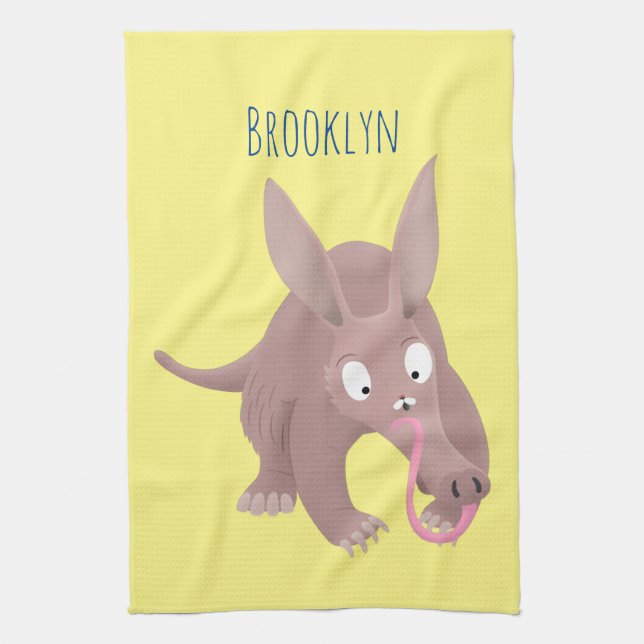 Cute funny aardvark cartoon kitchen towel (Vertical)