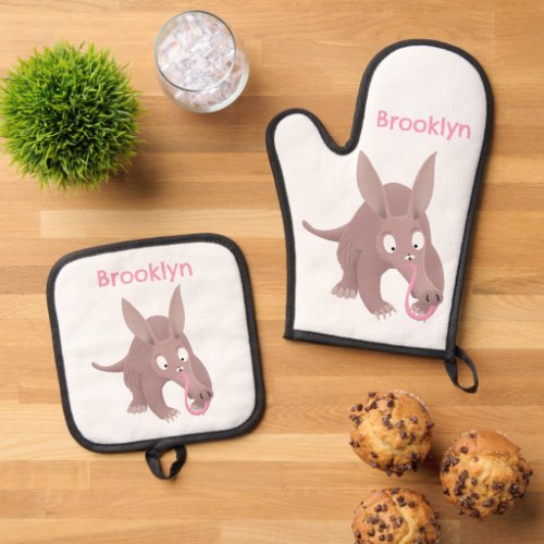 Cute funny aardvark cartoon oven mitt  pot holder set