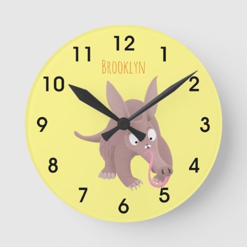 Cute funny aardvark cartoon round clock