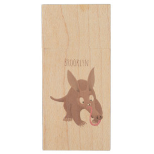 Cute funny aardvark cartoon wood flash drive