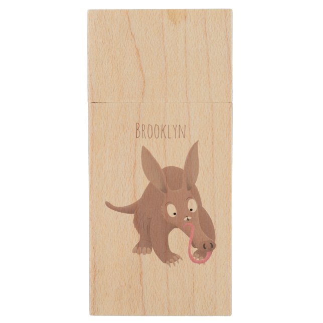 Cute funny aardvark cartoon wood flash drive (Front Vertical)