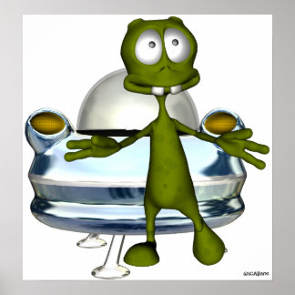 Cute funny alien and spacecraft 1A Poster