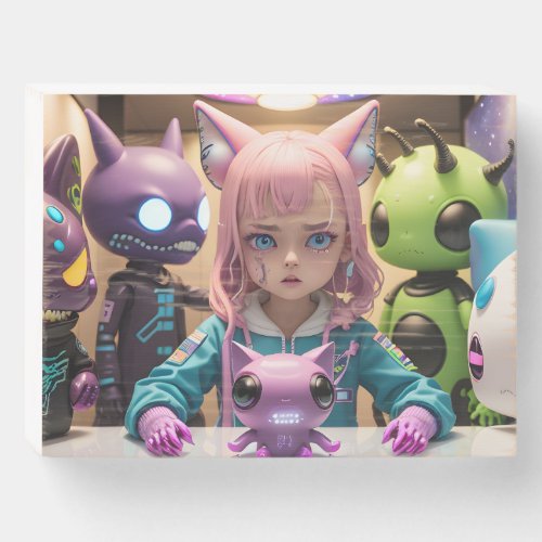 Cute funny alien monster cat girls in space wooden box sign