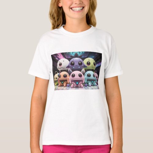 Cute funny alien monster cat in space T_Shirt