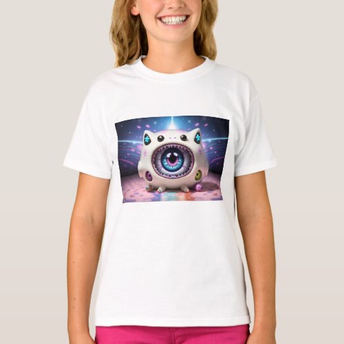 Cute funny alien monster cat in space T_Shirt