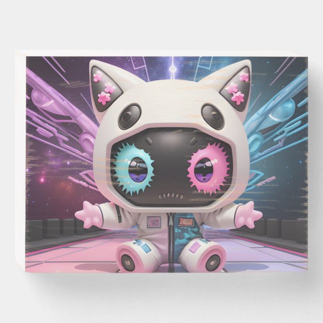 Cute funny alien monster cat in space wooden box sign (Front Horizontal)