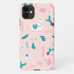 Cute funny alpaca llama cactus pattern monogrammed iPhone 11 case