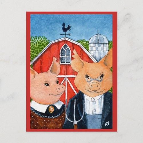 Cute Funny American Gothic spoof pig farm postcard