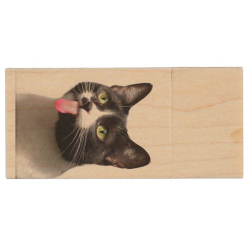 Cute Funny Animal Cat Sticking Tongue Out Wood Flash Drive