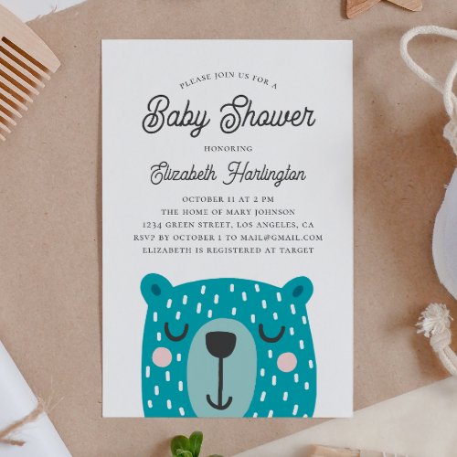 Cute funny animal for boy Blue bear baby shower Invitation