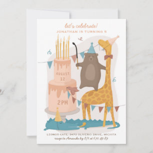Cute funny animals: bear giraffe. Kids birthday Invitation