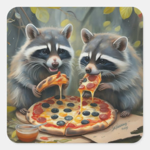 Cute funny animals eating a pizza funny gift ideas square sticker