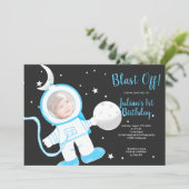Cute funny astronaut boy blue 1st birthday party invitation (Standing Front)