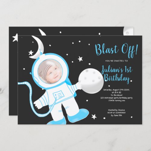Cute funny astronaut boy blue 1st birthday party invitation